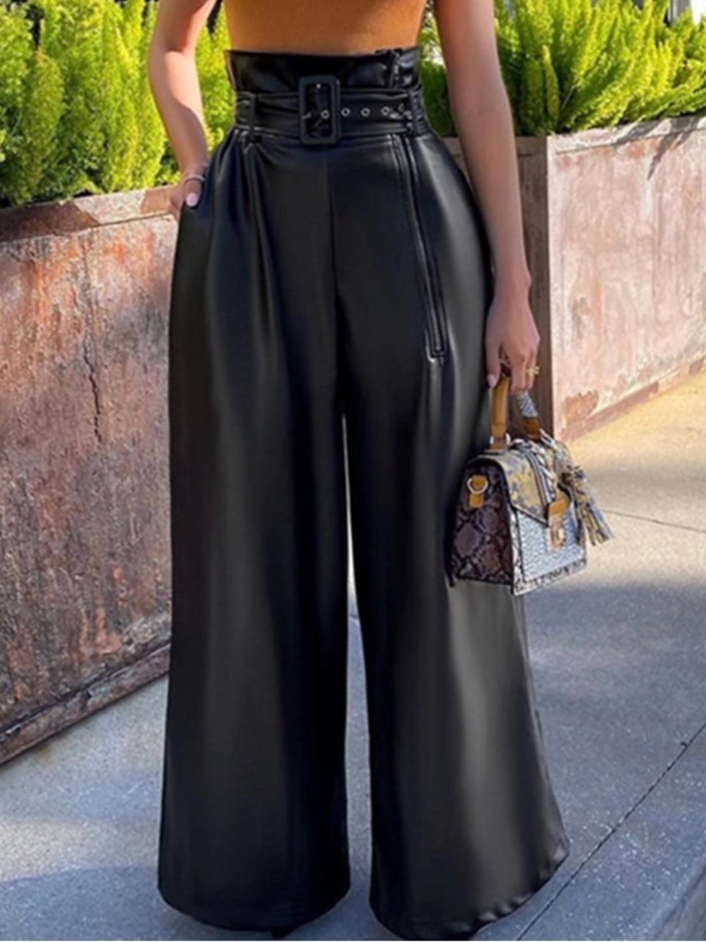 Never Worn! -High-Waist Black Faux Leather Wide-Leg Pants with Belted Waist